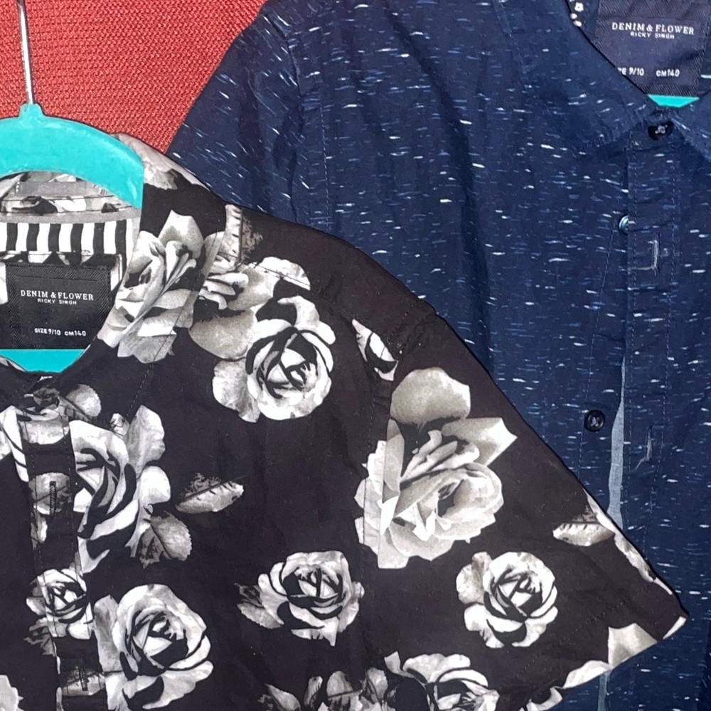Denim & Flower Kids Button Down Shirts - Black Floral and Blue - Picture 2 of 2
